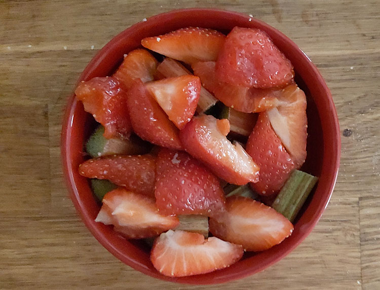 Rhubarbe et fraises en morceaux dans un ramequin